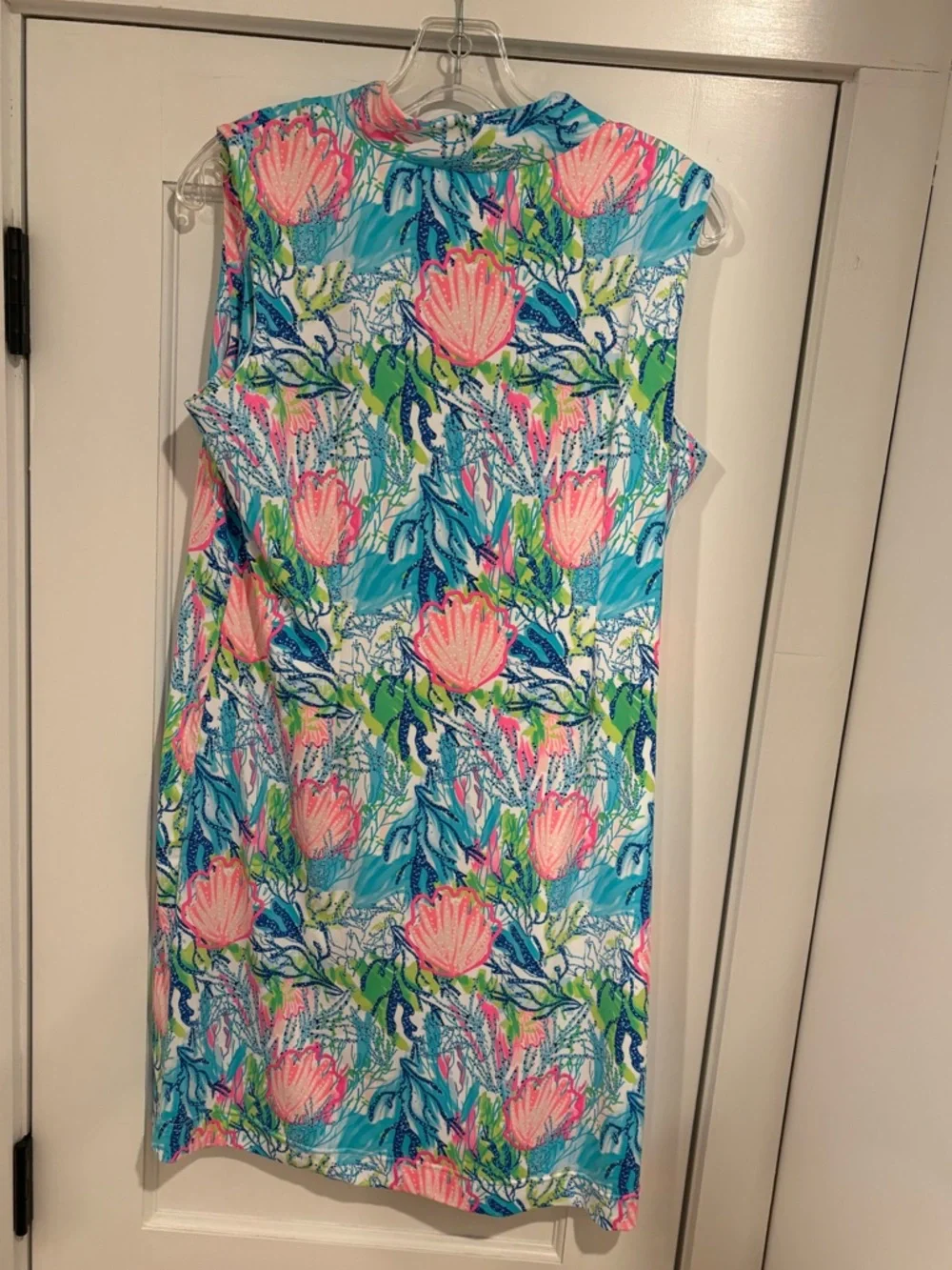 Lulu-B Sleeveless Dress White Pink Blue Shells Coral Women L Coastal Golf Preppy - Picture 3 of 12